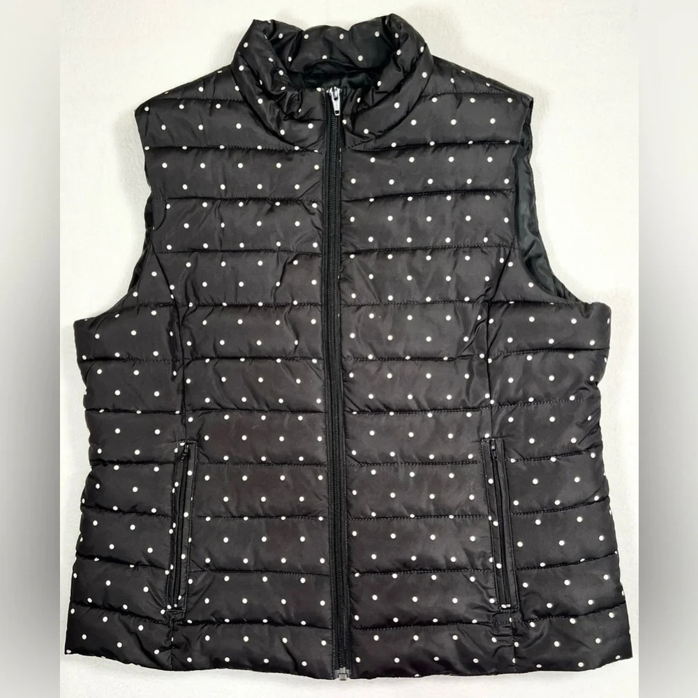 COLEBROOK Women’s Black White Polka Dot‎ Puffer Vest Zip Front Pockets Large